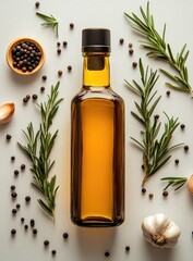 Herb-infused oil bottle with rosemary, garlic, pepper still life