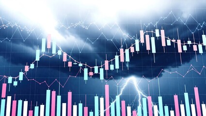 Financial Market Volatility with Candlestick Chart and Stormy Sky.