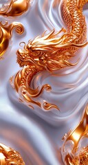 Golden dragon detail on flowing, pearlescent white fabric