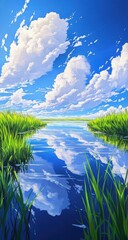 River cuts through tall grass, clouds reflect in water