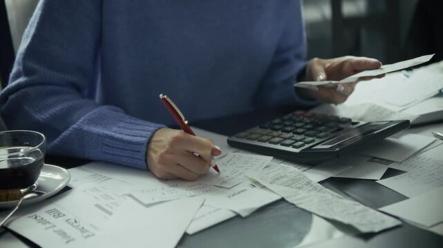 Person's hand calculating expenses on an energy bill with notes
