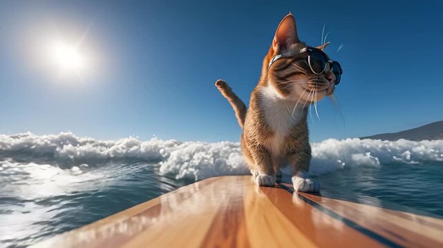 Cat stands on surfboard wearing sunglasses. Ocean waves crash behind this funny animal. Summer ride begins at beach. Pet shows balance and style. Surfing cat enjoys freedom in ocean wind and sunlight.