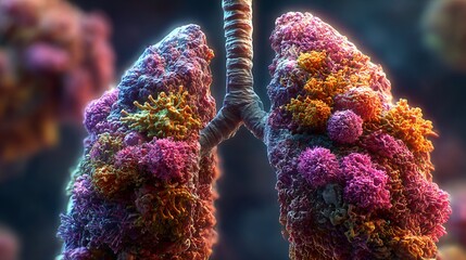 3D rendering of infected lungs depicting tuberculosis. Concept shows mycobacterium infection, bacterial tuberculosis, lung cancer, and other lung diseases