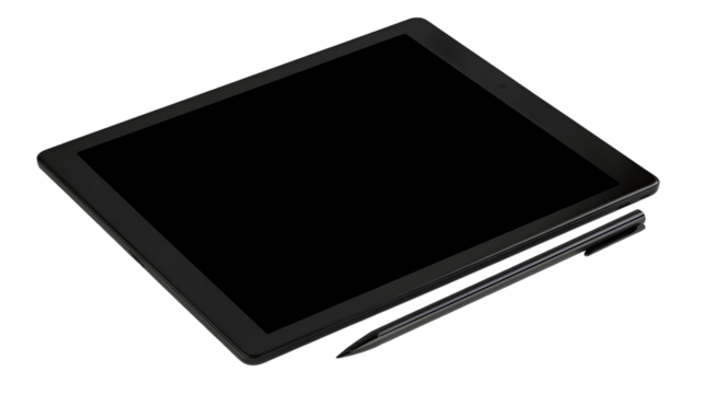 Tablet computer with black screen and pen isolated on transparent background