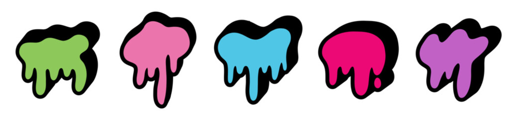 Set of colorful dripping slime in a graffiti cartoon style. A collection of melting liquid paint shapes with bold black outlines for stickers or posters.