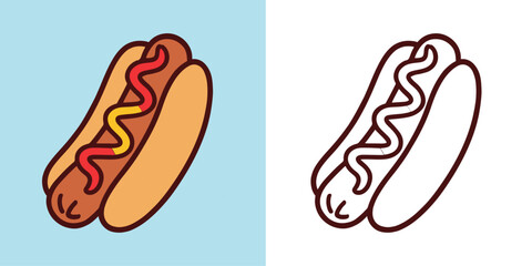 Hot dog – color and outline vector illustration