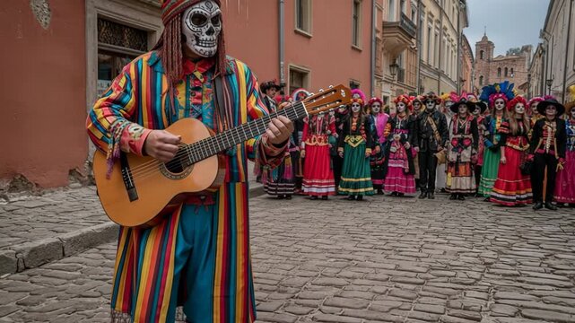 Day Of The Dead, Street Festival Featuring Musicians Traditional Attire Playing Guitar Among Festive Crowd