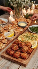 Obraz premium In a warm party setting, friends are sharing a festive meal filled with various dishes. Candles add a cozy glow as laughter and conversation fill the air, creating a joyful atmosphere