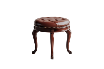 Elegant vanity stool with tufted leather surface and ornate wooden legs isolated on transparent background for design use