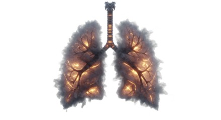 Illustration of glowing lungs with smoky texture and black background