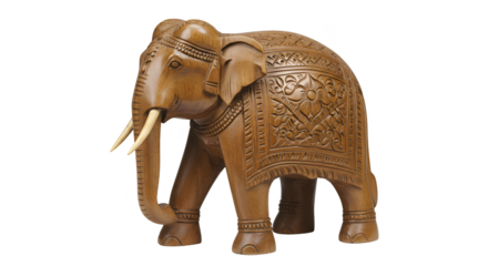 Isolated brown carved elephant sculpture on transparent background