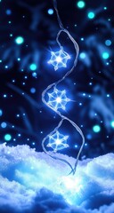 Glowing snowflake lights hang over cloud, in blue darkness
