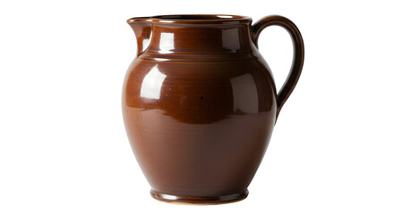 Isolated Brown Ceramic Pitcher With Handle On Transparent Background