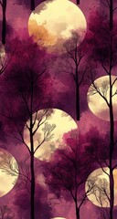 Crimson trees, moonlit orbs, mystical landscape pattern