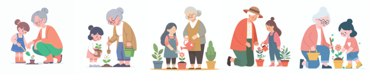 vector grandmother planting flowers with granddaughter
