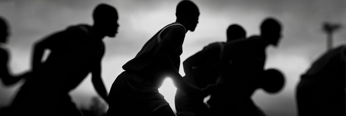 Silhouettes of Young Athletes Practicing Basketball During Evening Training Session on Outdoor Court