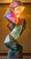 Stacked geometric shapes glow, colorful abstract sculpture