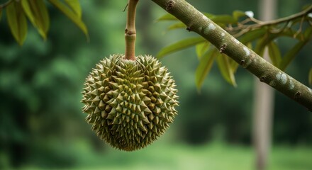 Obraz premium Durian fruit hanging from a tree branch in a lush tropical garden, showcasing its unique spiky exterior
