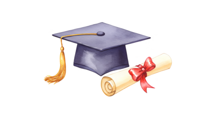 Illustration of Graduation Cap and Scroll with Red Ribbon Realistic Style