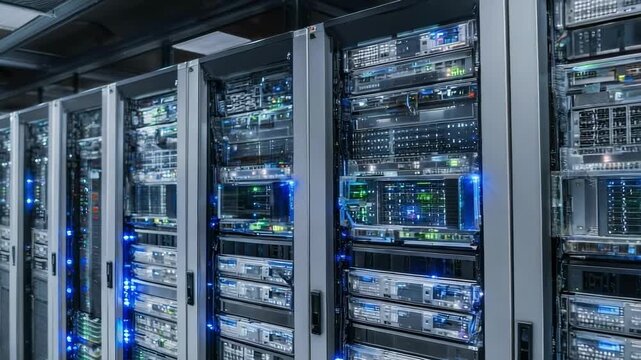 Rows of server racks in a data center with blue and green LED indicators.