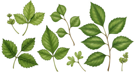 Illustration of green leaves on transparent background isolated nature elements