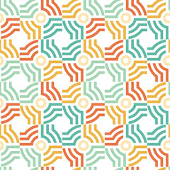 Vibrant retro seamless pattern with abstract geometric shapes creating a dynamic sunburst effect with concentric lines and circles on a white background