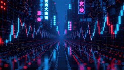 Futuristic Cityscape with Neon Stock Market Charts.