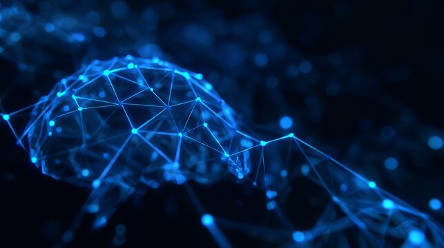 A blue neon-lit, futuristic AI neural network background. Illustrates big data processing via artificial intelligence. A vector design representing advanced technology.
 