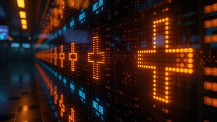 Futuristic Digital Hallway with Glowing Orange Plus Symbols.