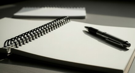 Closeup of a spiral notebook and pen on a desk, creating a workspace atmosphere, perfect for writing and note taking