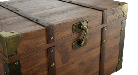 Isolated brown wooden chest with metal clasps and handle