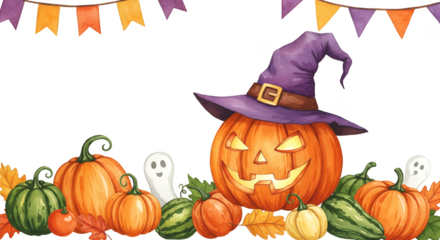 Illustration of Halloween pumpkins and ghosts with witch hat