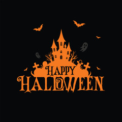Happy Halloween typography with pumpkins and dark background, festive spooky design.