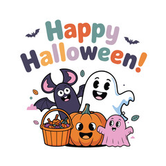 Happy Halloween typography with pumpkins and dark background, festive spooky design.