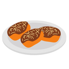Chocolate topped mini donuts on white plate, sweet dessert snack element for bakery, cafe, and food illustration design.