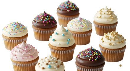 Assorted Cupcakes With Frosting And Sprinkles Isolated PNG