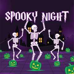 Happy Halloween typography with pumpkins and dark background, festive spooky design.