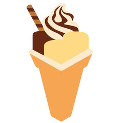 Ice cream cone with chocolate topping and stick, cold sweet snack element perfect for summer, cafe, and dessert illustration.