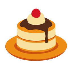 Stack of pancakes with syrup and cherry topping, breakfast dessert element perfect for cafe, sweet snack, and vector illustration.