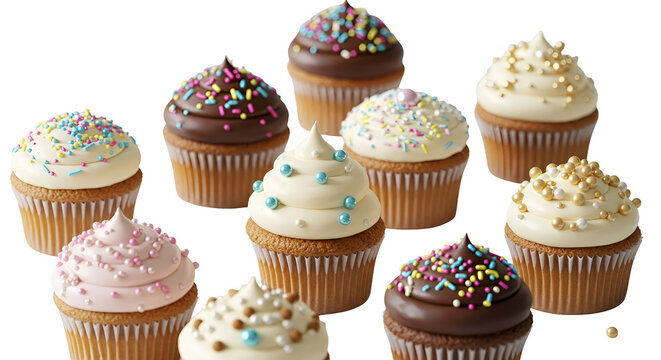 Assorted Cupcakes With Frosting And Sprinkles Isolated PNG
