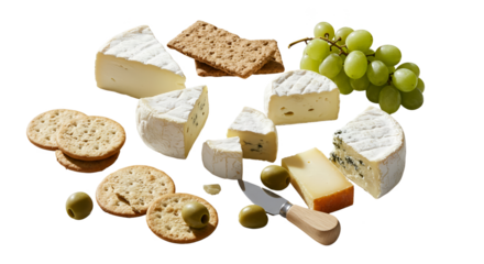 Isolated Cheese Platter with Grapes Crackers Olives and Knife Photo