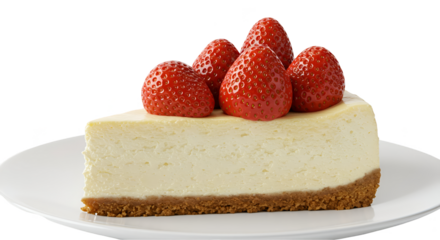 Isolated cheesecake slice with strawberries on white plate realistic image