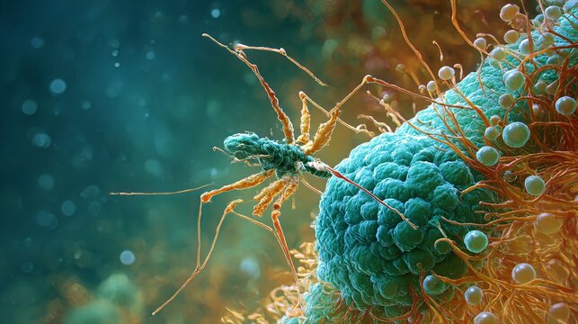 A digital 3D illustration depicts a T4 bacteriophage virus infecting an E. coli bacterium. The artwork showcases the intricate details of this biological interaction.
 
