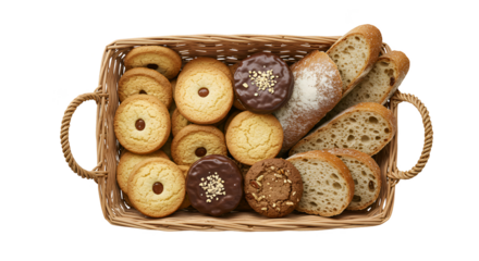 Basket of various cookies and bread slices photo isolated on white