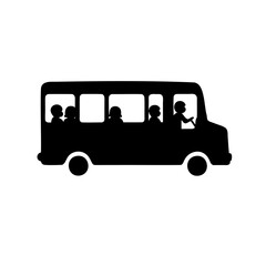 Black and white illustration of a bus carrying people and a driver