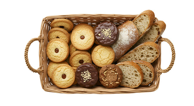 Basket of various cookies and bread slices photo isolated on white