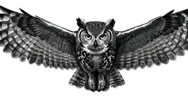 Black and White Illustration of Owl Flying With Wings Spread