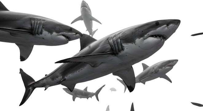 Illustration of multiple sharks swimming on transparent background