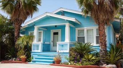 Fototapeta premium Charming Blue House Surrounded by Lush Greenery Featuring Palm Trees and Colorful Flowers in a Vibrant Residential Neighborhood on a Bright Sunny Day
