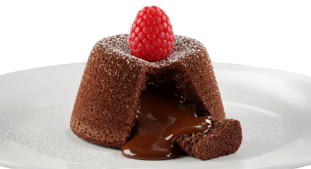 Isolated Chocolate Lava Cake with Raspberry and Powdered Sugar